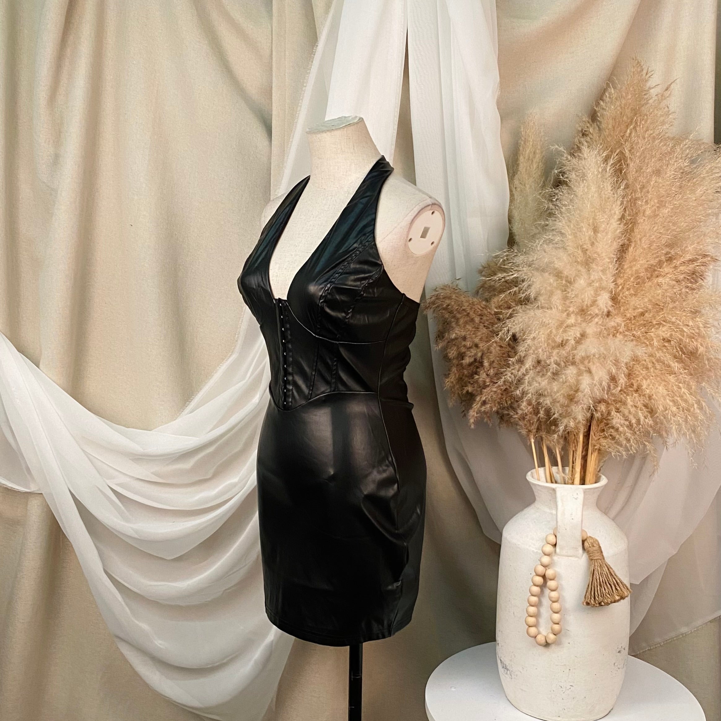 Emery Leather Halter Dress (Black)