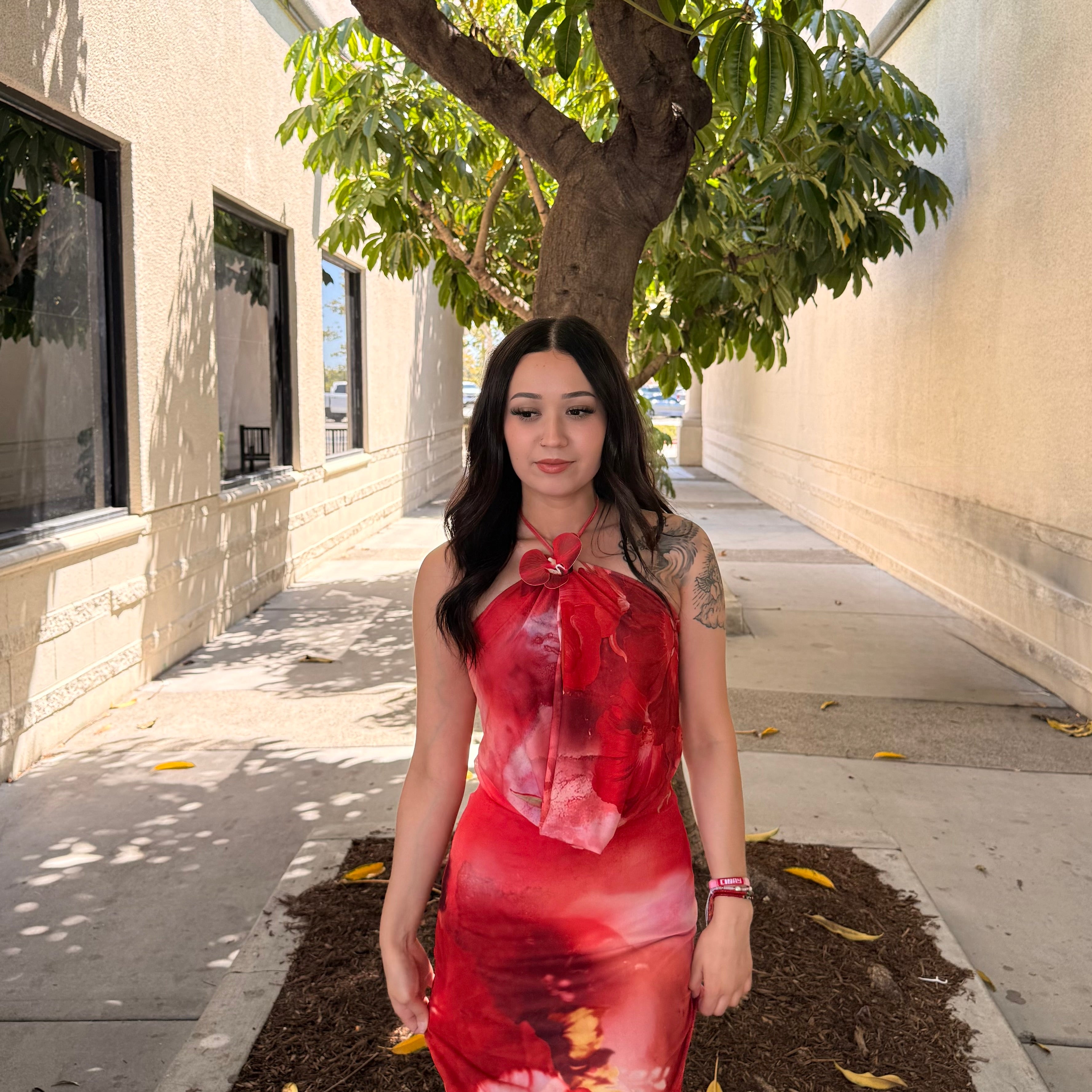 Ivy Long Floral Dress (Orange/Red)