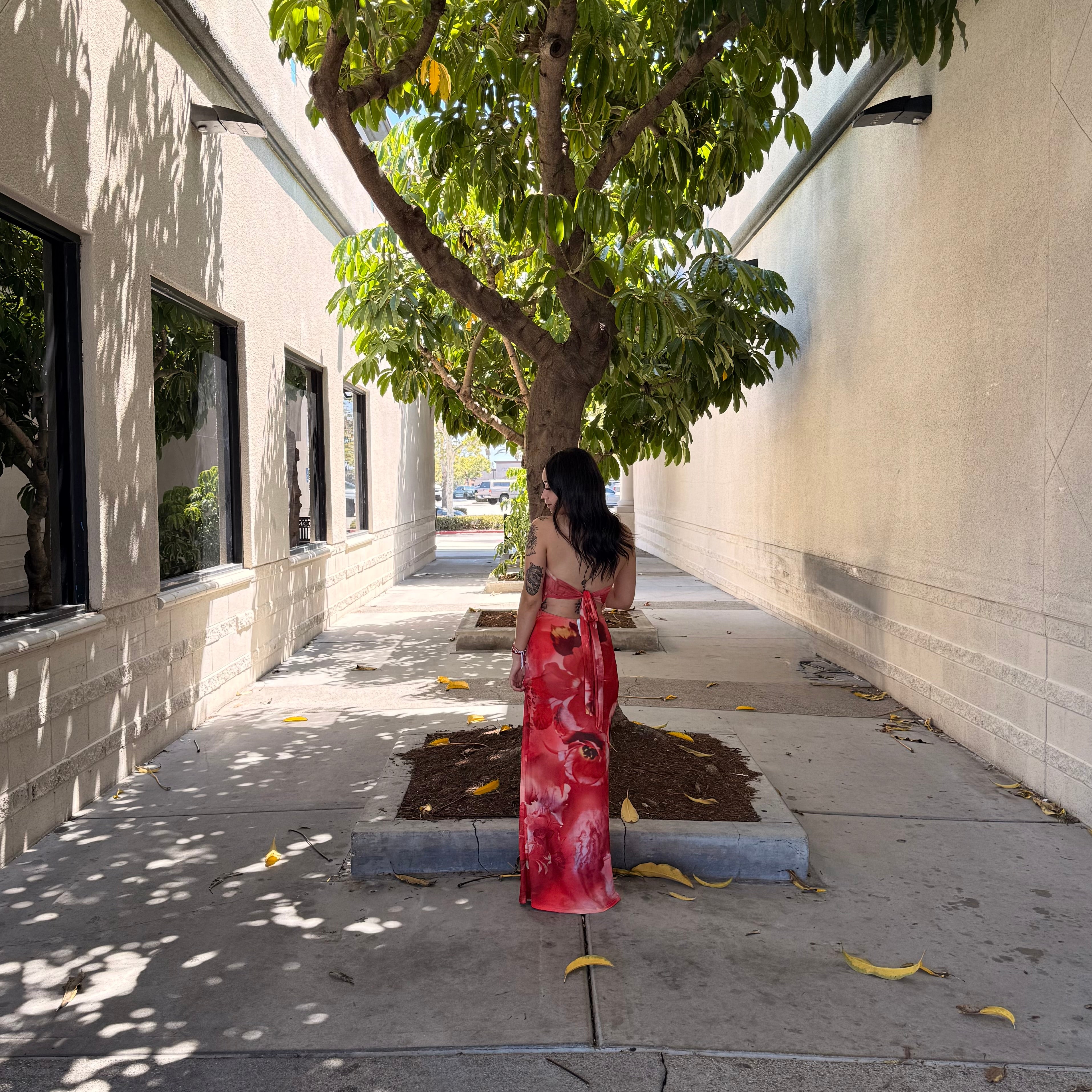 Ivy Long Floral Dress (Orange/Red)