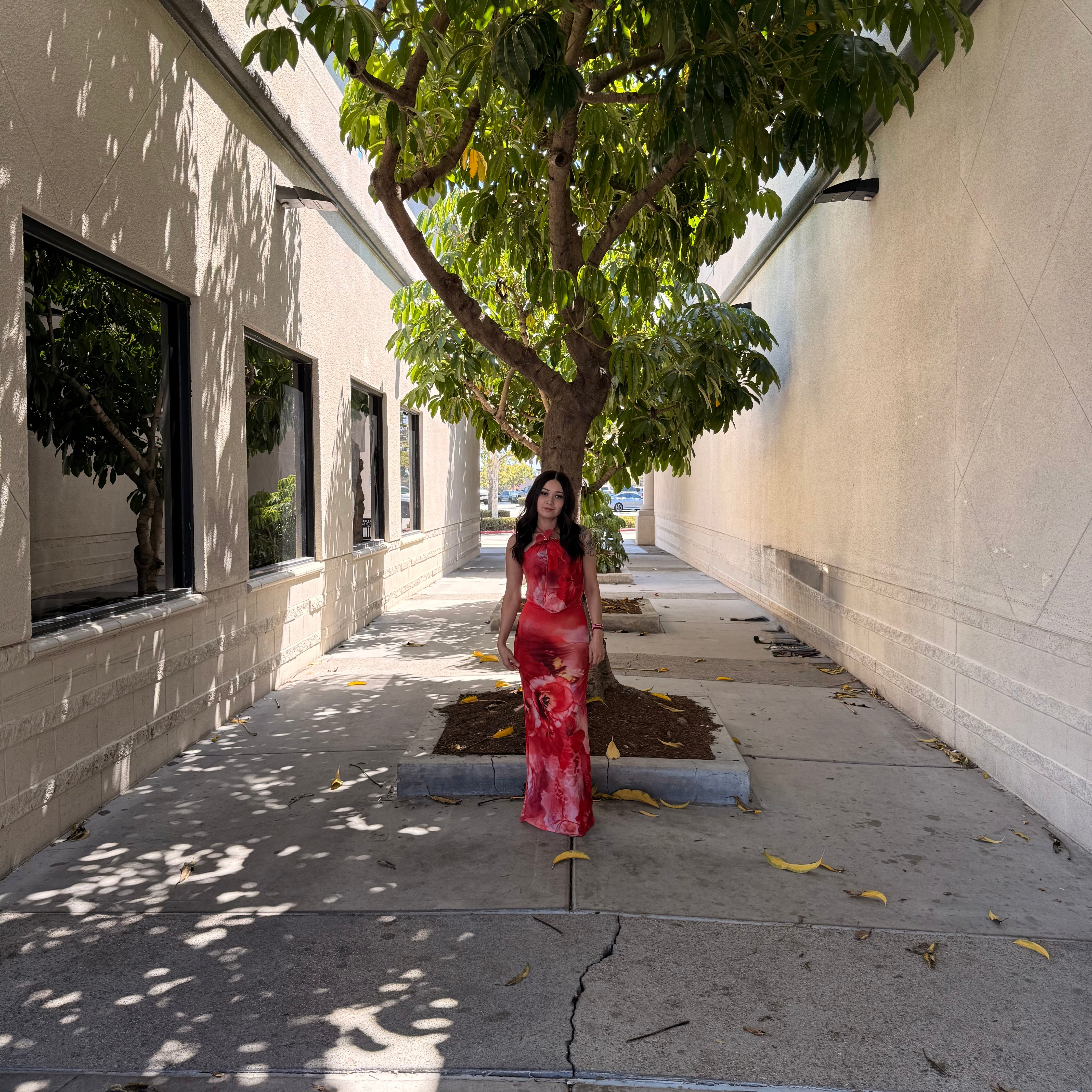 Ivy Long Floral Dress (Orange/Red)