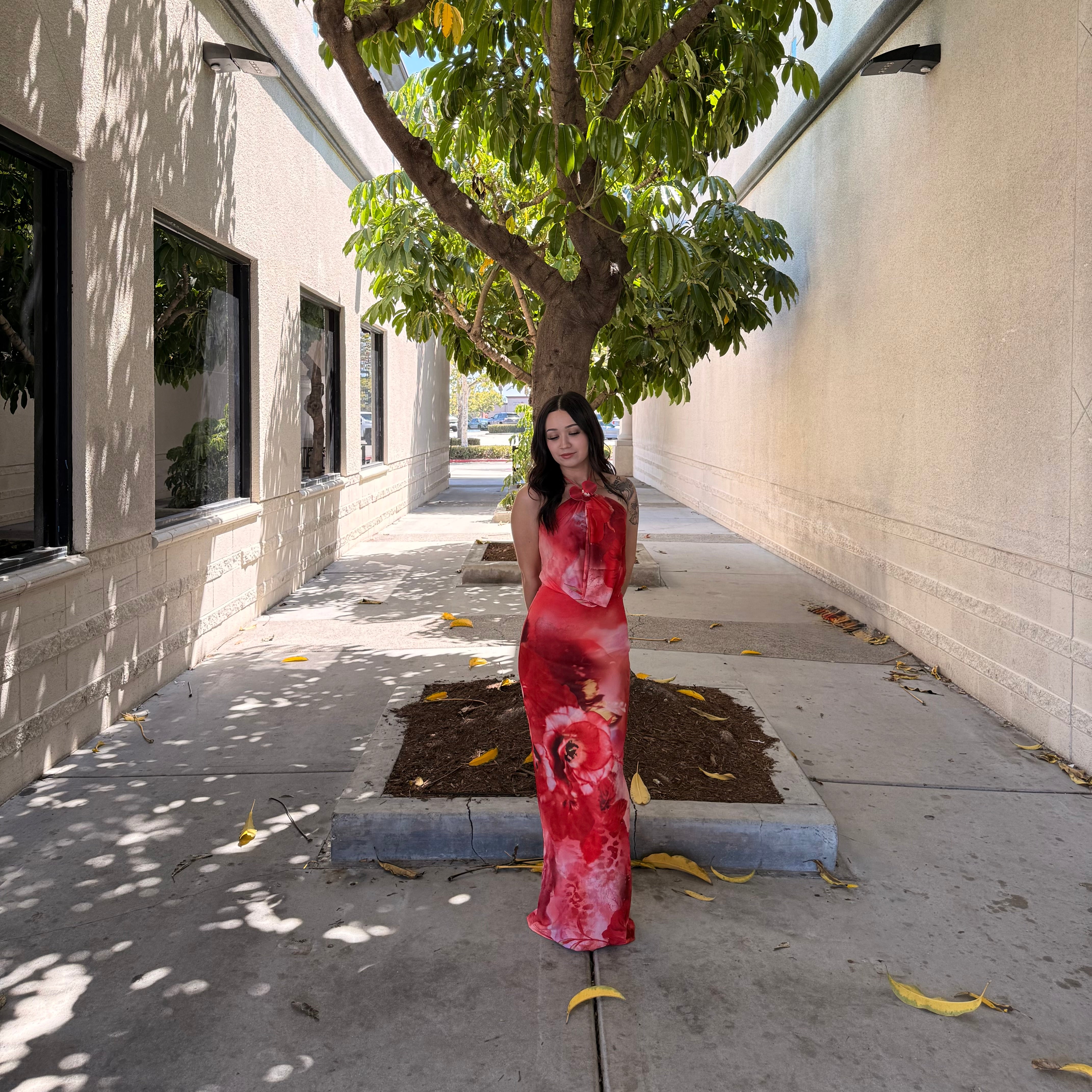 Ivy Long Floral Dress (Orange/Red)