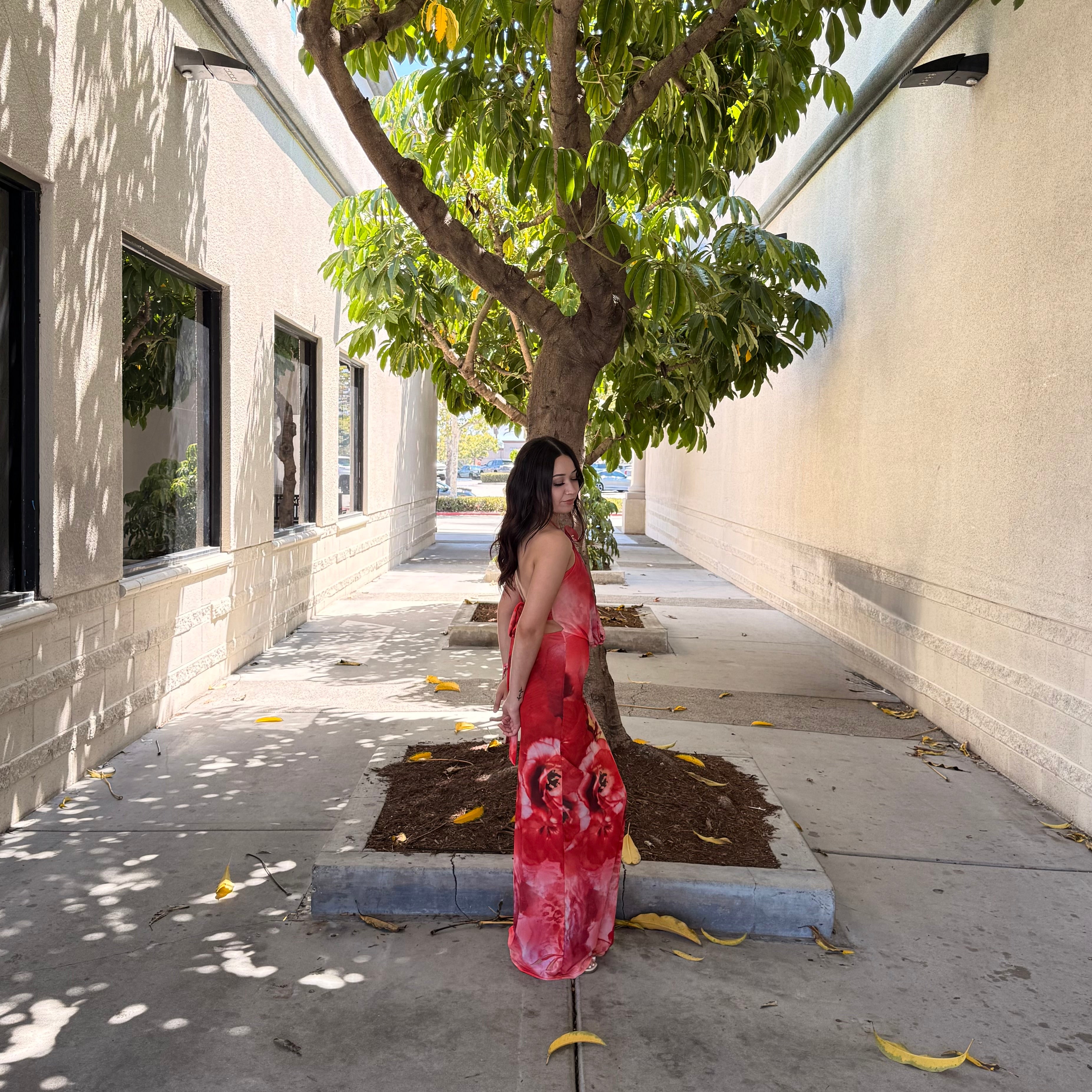 Ivy Long Floral Dress (Orange/Red)