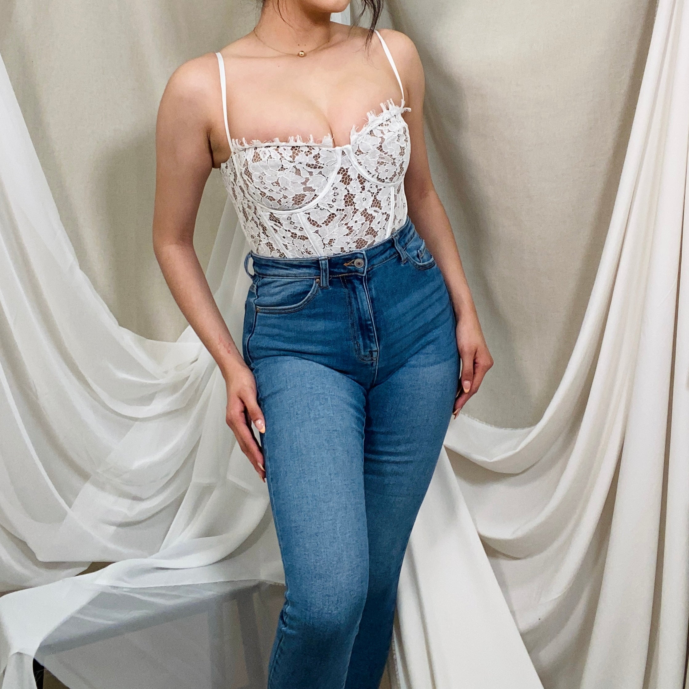 High fashion waisted jeans with lace bodysuit